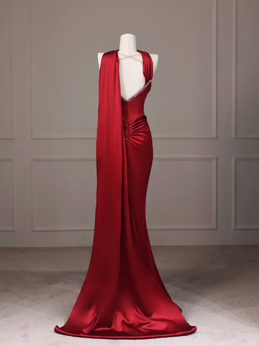 Sexy Red Strapless Mermaid Satin Long Evening Party Dress Birthday Outfits, DP5035