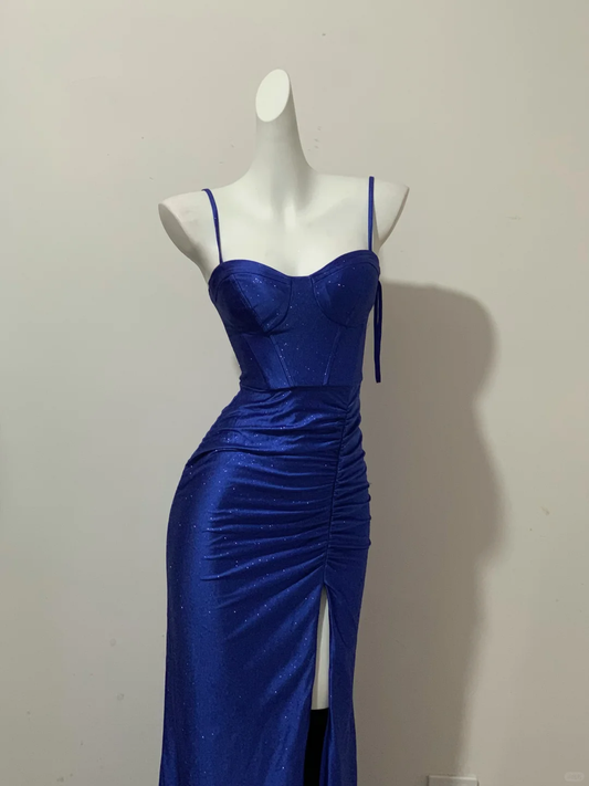 Royal Blue Spaghetti Straps Mermaid Split Sexy Long Evening Party Dress, DP5063