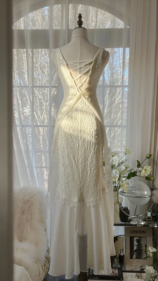 Wunderschönes elfenbeinfarbenes Meerjungfrau-Vintage-Brautkleid mit Trägern, langes Partykleid, DP5009