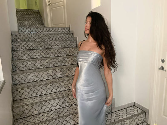 Grey Strapless Sheath Satin Long Party Dress Simple Wedding Guest Dress, DP5011