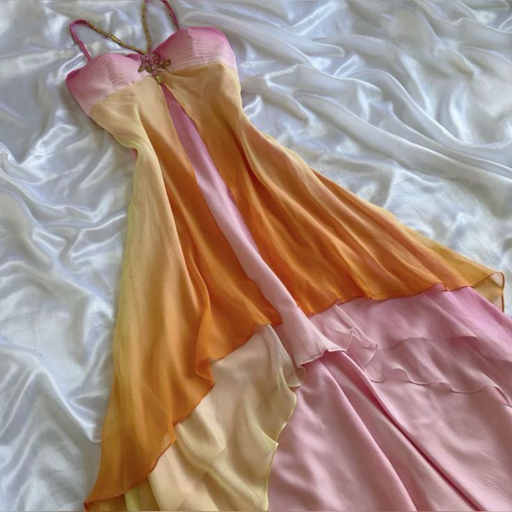 Gradient Straps Beading Chiffon A-Line Vintage Long Party Dress Prom Dresses, DP5016