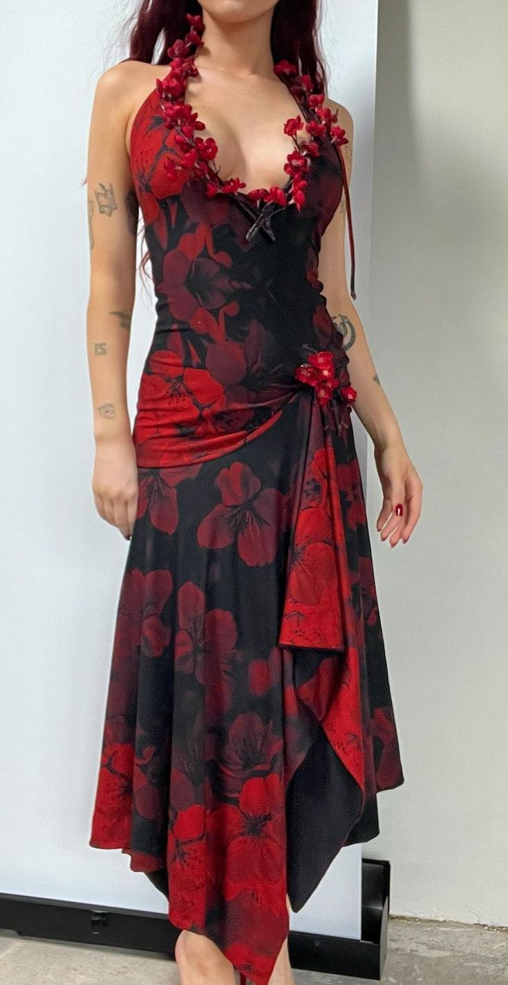 Robe de soirée longue rouge sexy à col licou et imprimé vintage, DP5018