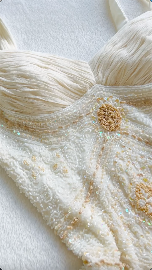 Atemberaubendes Elfenbein-Etuikleid mit Trägern und Perlenbesatz im Vintage-Stil, langes Partykleid, Abendkleid, DP5019