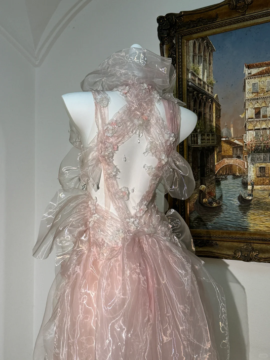 Fee Rosa Neckholder A-Linie Chiffon Perlen Abendkleider Glänzende Geburtstags-Outfits, DP5027