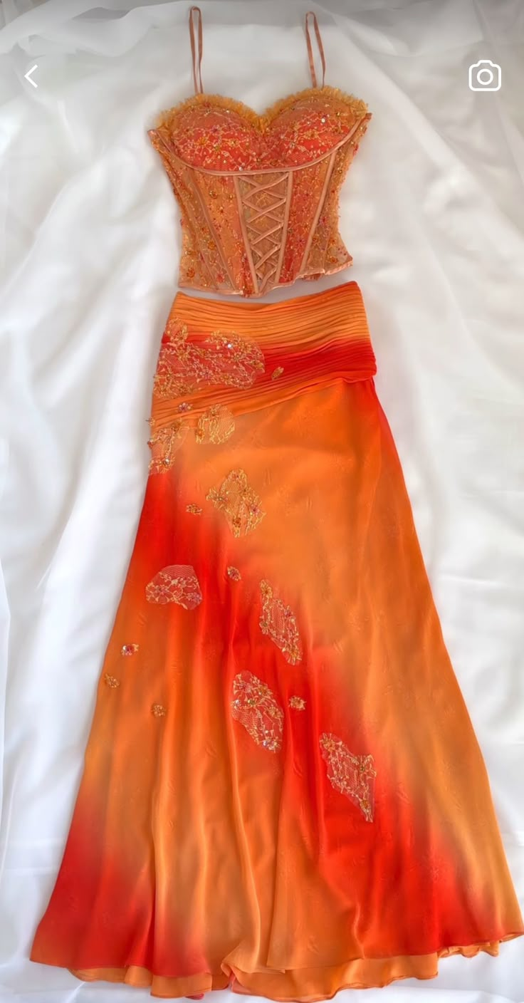 Orange Spaghettiträger Zweiteiliges langes Chiffon Partykleid mit Perlenbesatz, DP5047