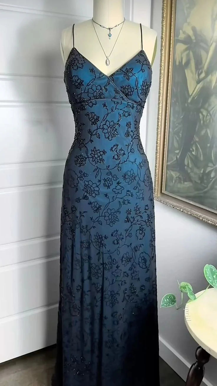 Spaghetti Straps V Neck Beading Sheath Long Prom Dress Evening Party Dress, DP5266