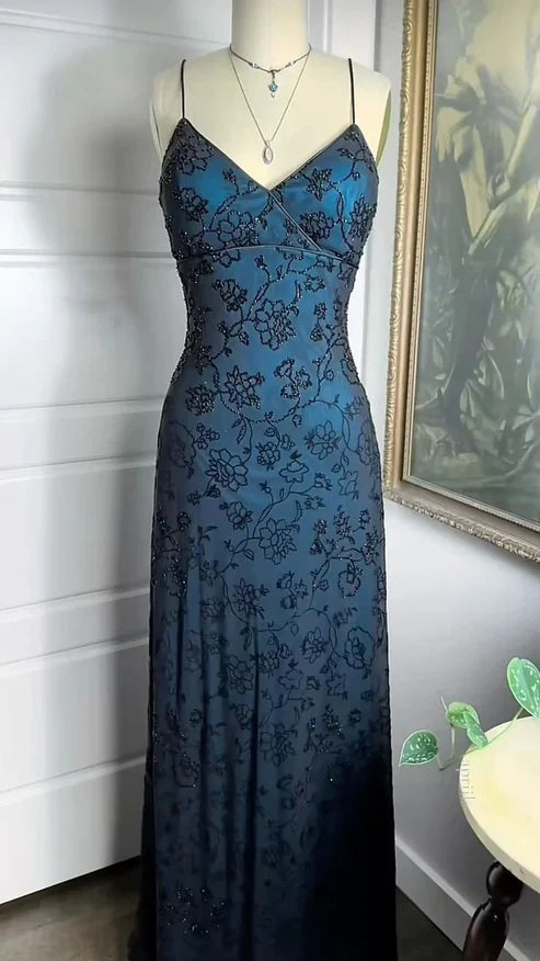 Spaghetti Straps V Neck Beading Sheath Long Prom Dress Evening Party Dress, DP5266