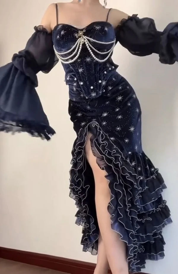 Dark Navy Straps Mermaid Layers Ruffles Sexy Evening Dress Birthday Outfits, DP5267