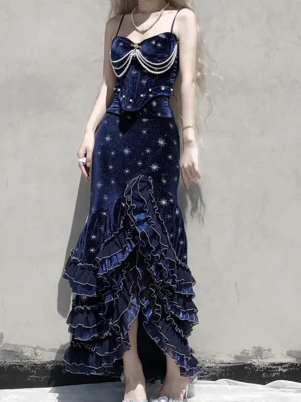 Dark Navy Straps Mermaid Layers Ruffles Sexy Evening Dress Birthday Outfits, DP5267