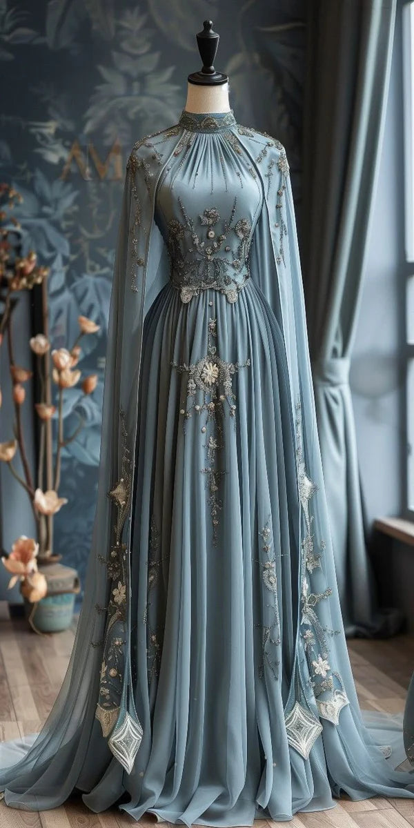 Modest Blue High Neck A-Line Beading Long Prom Dress Formal Evening Gown, DP5269