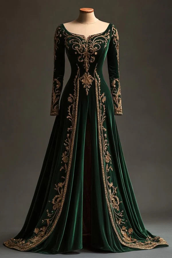Dark Green Long Sleeves A-Line Velvet Appliques Long Formal Evening Dresses, DP5271