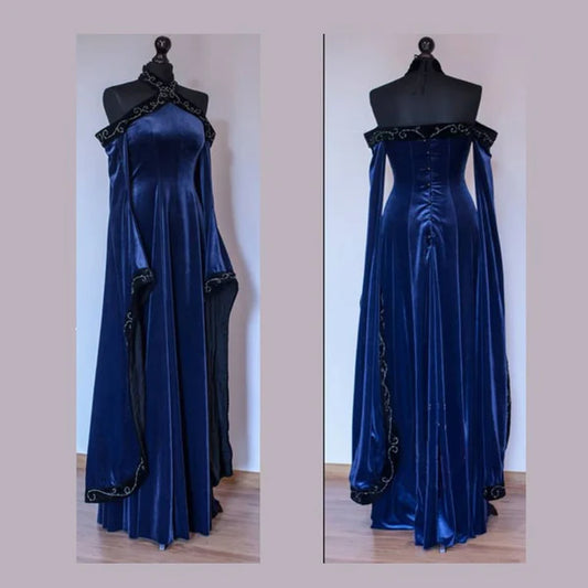 Vintage Dark Blue Halter A-Line Velvet Long Formal Prom Dress Evening Dress, DP5272