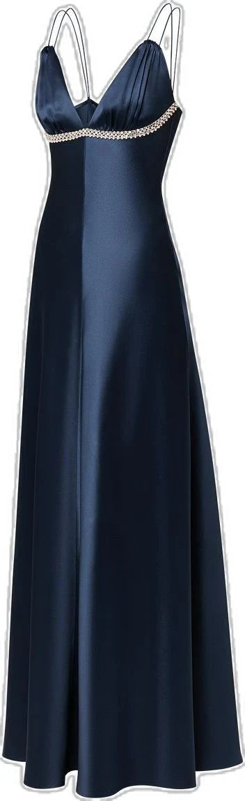 Dark Navy Straps A-Line Satin Long Party Dress Formal Evening Dress, DP5273