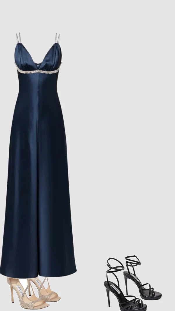 Dark Navy Straps A-Line Satin Long Party Dress Formal Evening Dress, DP5273
