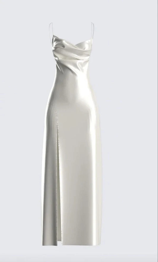 Simple White Spaghetti Straps Sheath Satin Long Party Dress Evening Dress, DP5274