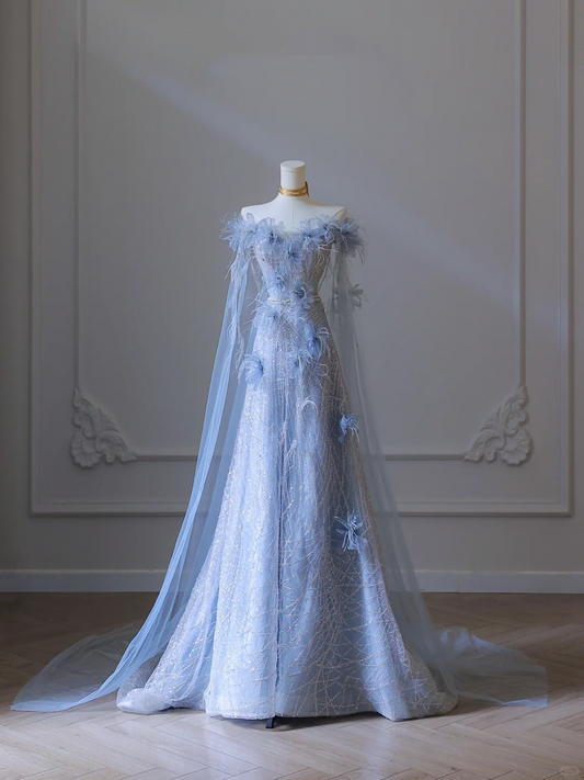 Elegant Blue Off Shoulder A-Line Prom Dress Formal Party Dress Birthday Gown, DP5290