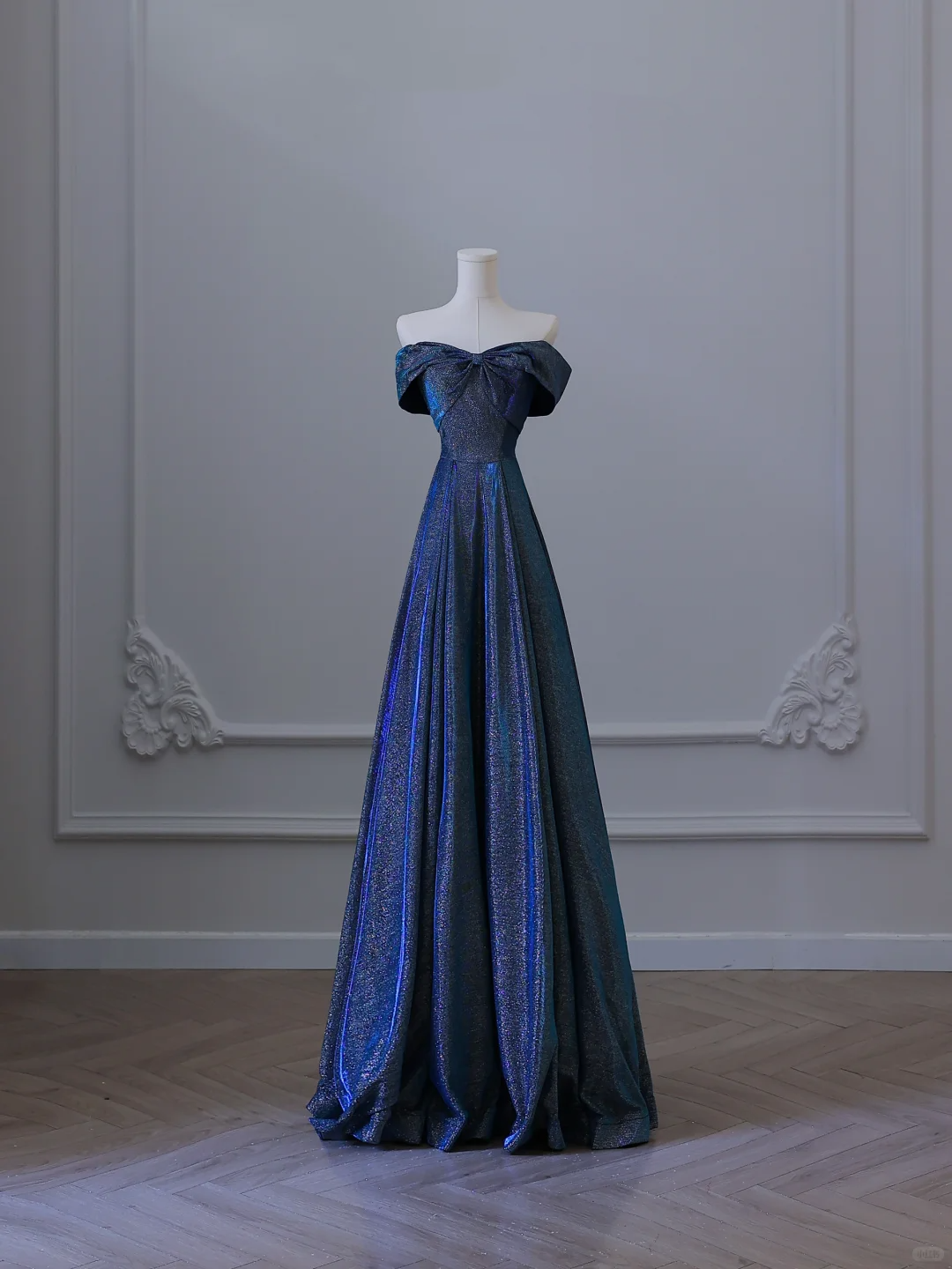 Marineblaues, schulterfreies, langes, glitzerndes Ballkleid in A-Linie, Abendkleid, DP5291