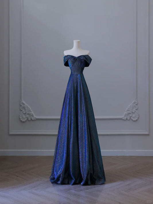 Navy Blue Off Shoulder A-Line Glitter Long Formal Prom Dress Evening Gown, DP5291