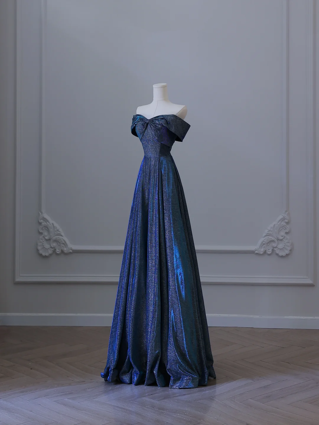 Marineblaues, schulterfreies, langes, glitzerndes Ballkleid in A-Linie, Abendkleid, DP5291