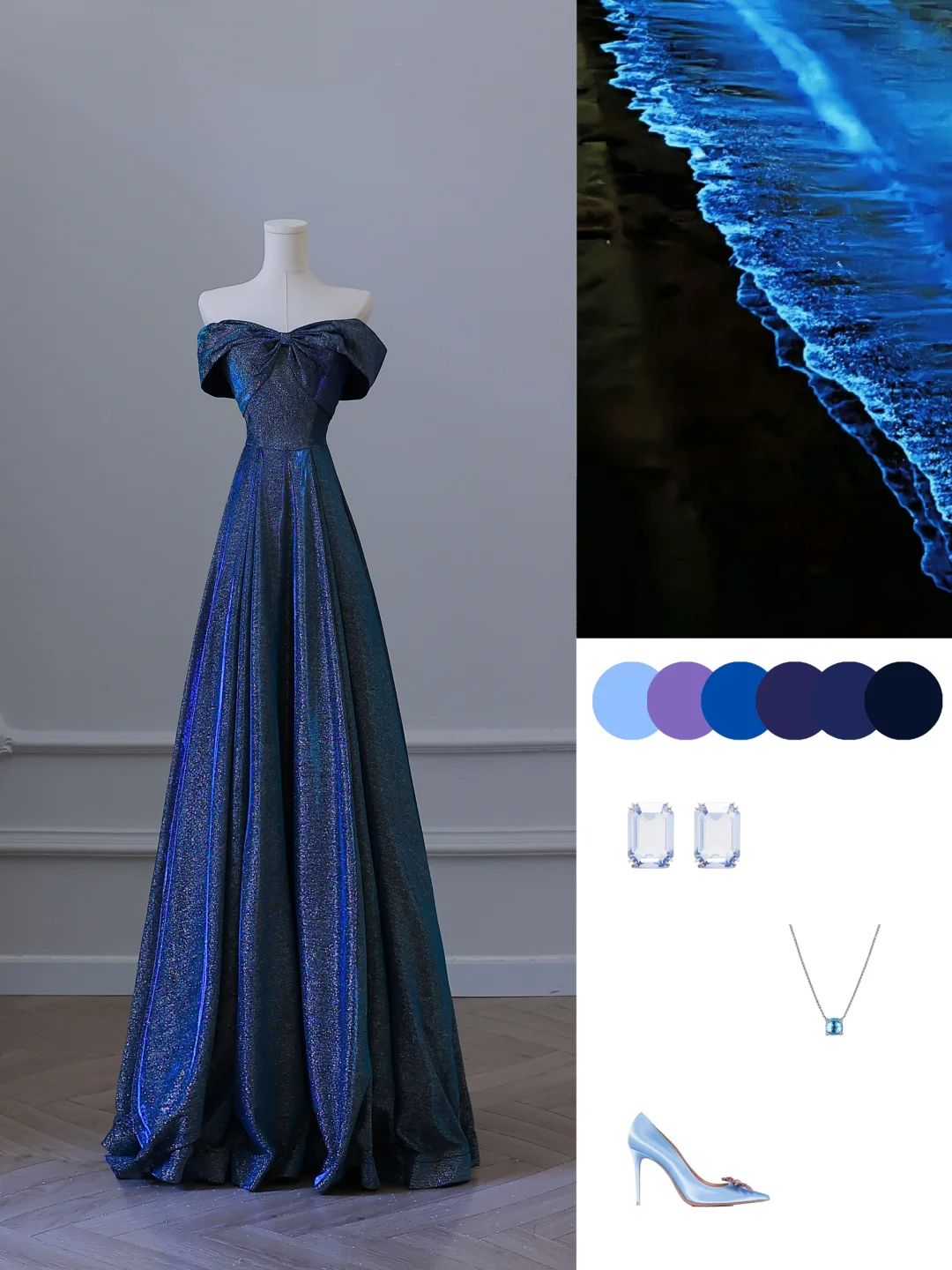 Marineblaues, schulterfreies, langes, glitzerndes Ballkleid in A-Linie, Abendkleid, DP5291