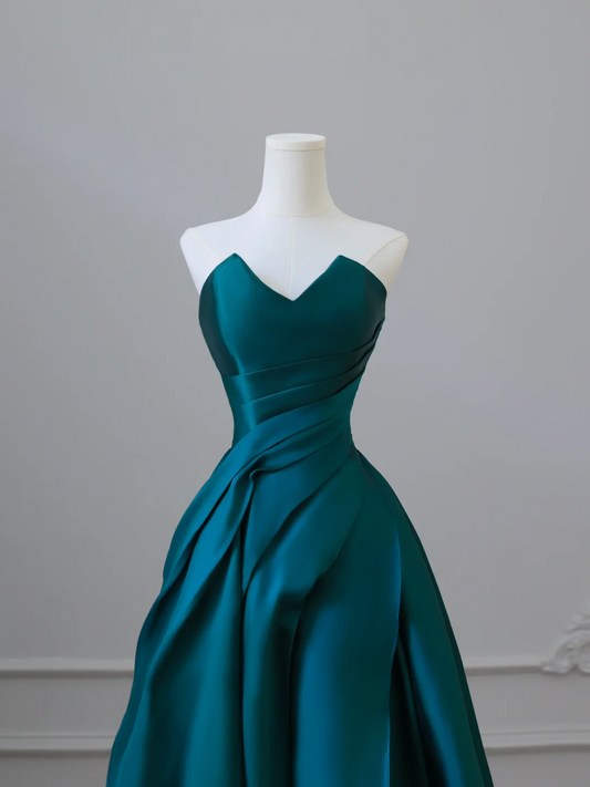 Elegant Green Strapless A-Line Satin Long Formal Prom Dress Evening Gown, DP5292
