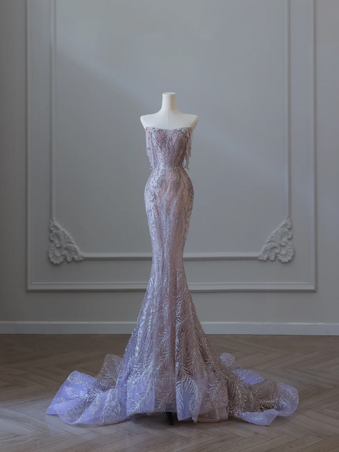 Elegantes, schulterfreies, perlenbesetztes Tüll-Meerjungfrauen-Abendkleid, langes Ballkleid, DP5305