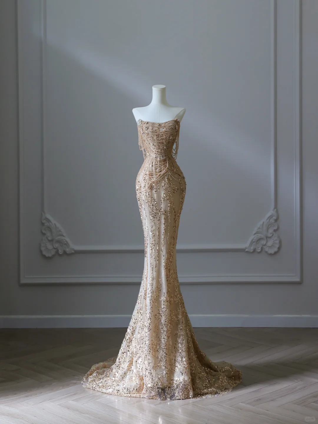Champagner-Gold, schulterfrei, Perlenbesetzt, Meerjungfrau, langes Ballkleid, Abendkleid, DP5306