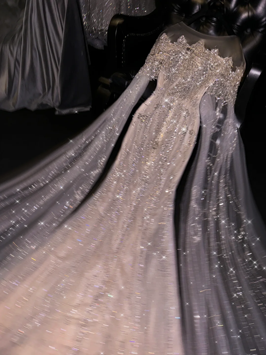 Glitter Long Sleeves Mermaid Beading Tulle Long Prom Dress Evening Gown, DP5309