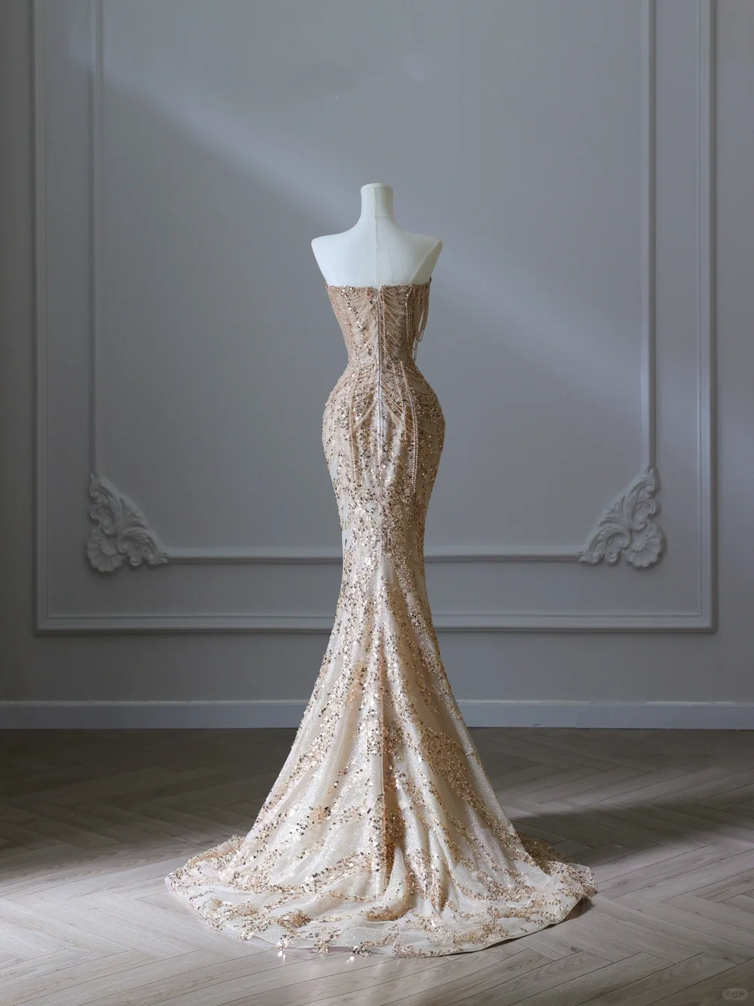 Champagner-Gold, schulterfrei, Perlenbesetzt, Meerjungfrau, langes Ballkleid, Abendkleid, DP5306