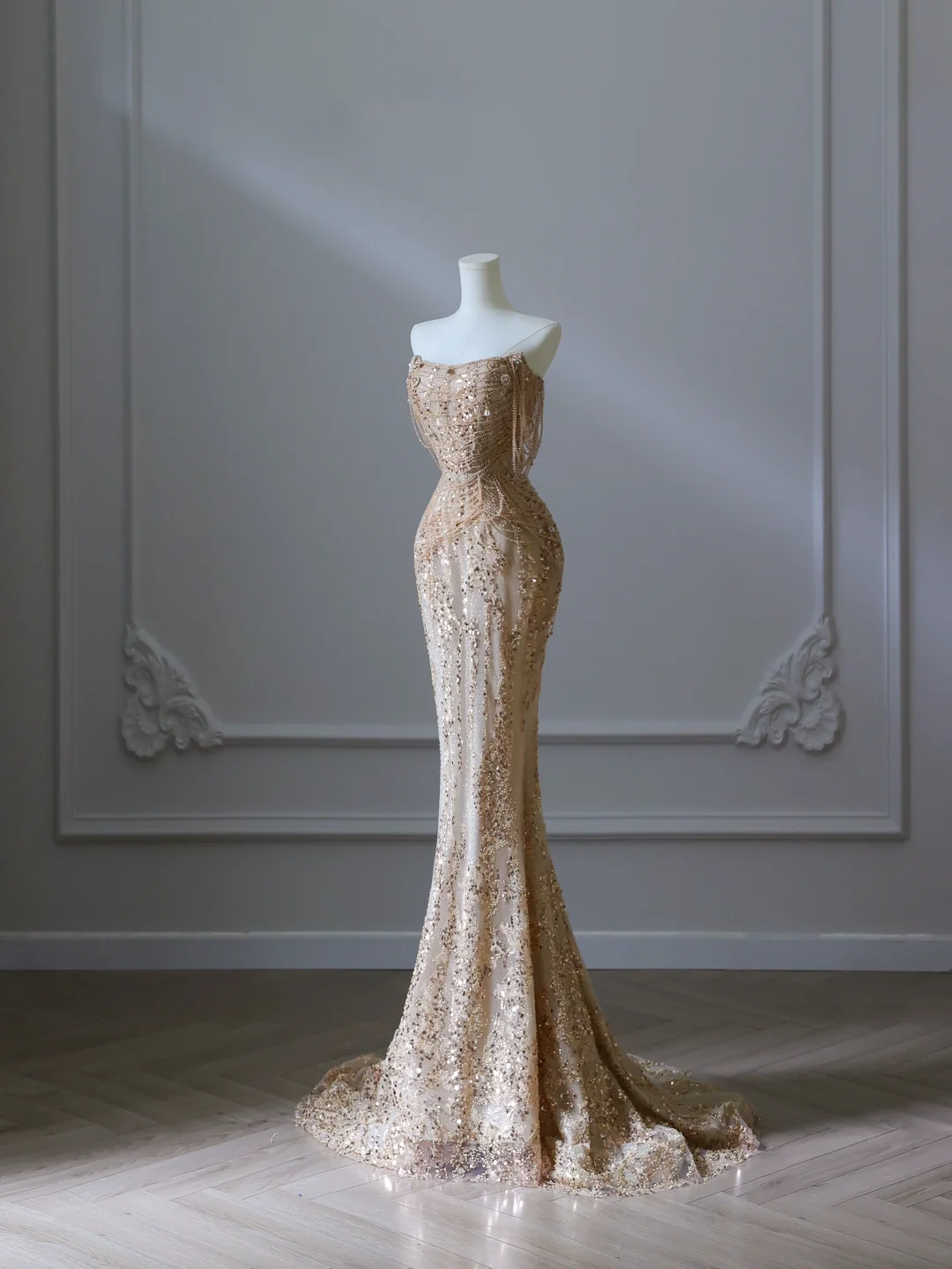 Champagner-Gold, schulterfrei, Perlenbesetzt, Meerjungfrau, langes Ballkleid, Abendkleid, DP5306