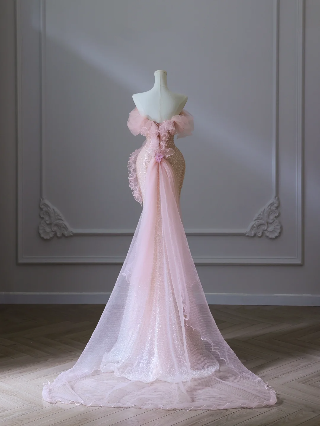 Pink Off Shoulder Beading Sequins Mermaid Long Prom Dress Evening Gown, DP5307