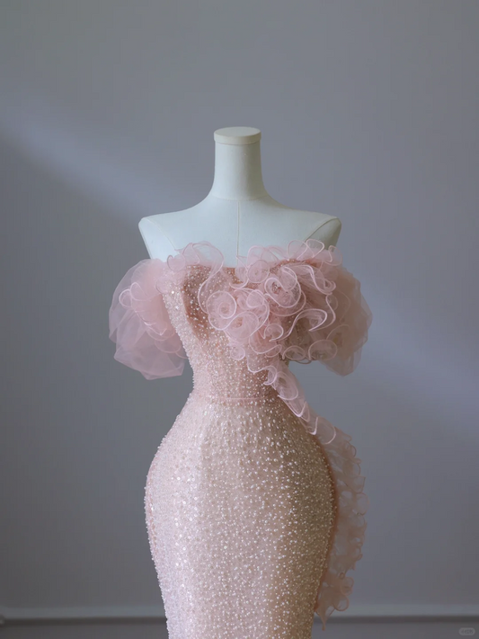 Pink Off Shoulder Beading Sequins Mermaid Long Prom Dress Evening Gown, DP5307