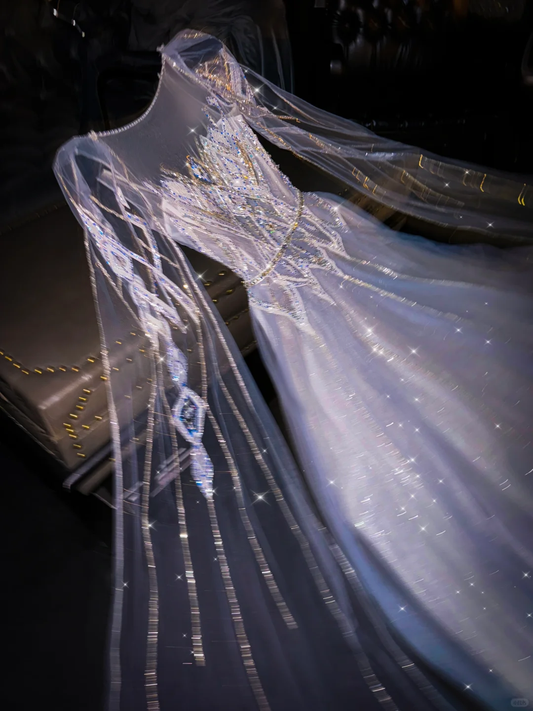 Elegant Lilac A-Line Tulle Beading Long Prom Dress Evening Dress with Cape Sleeves, DP5311