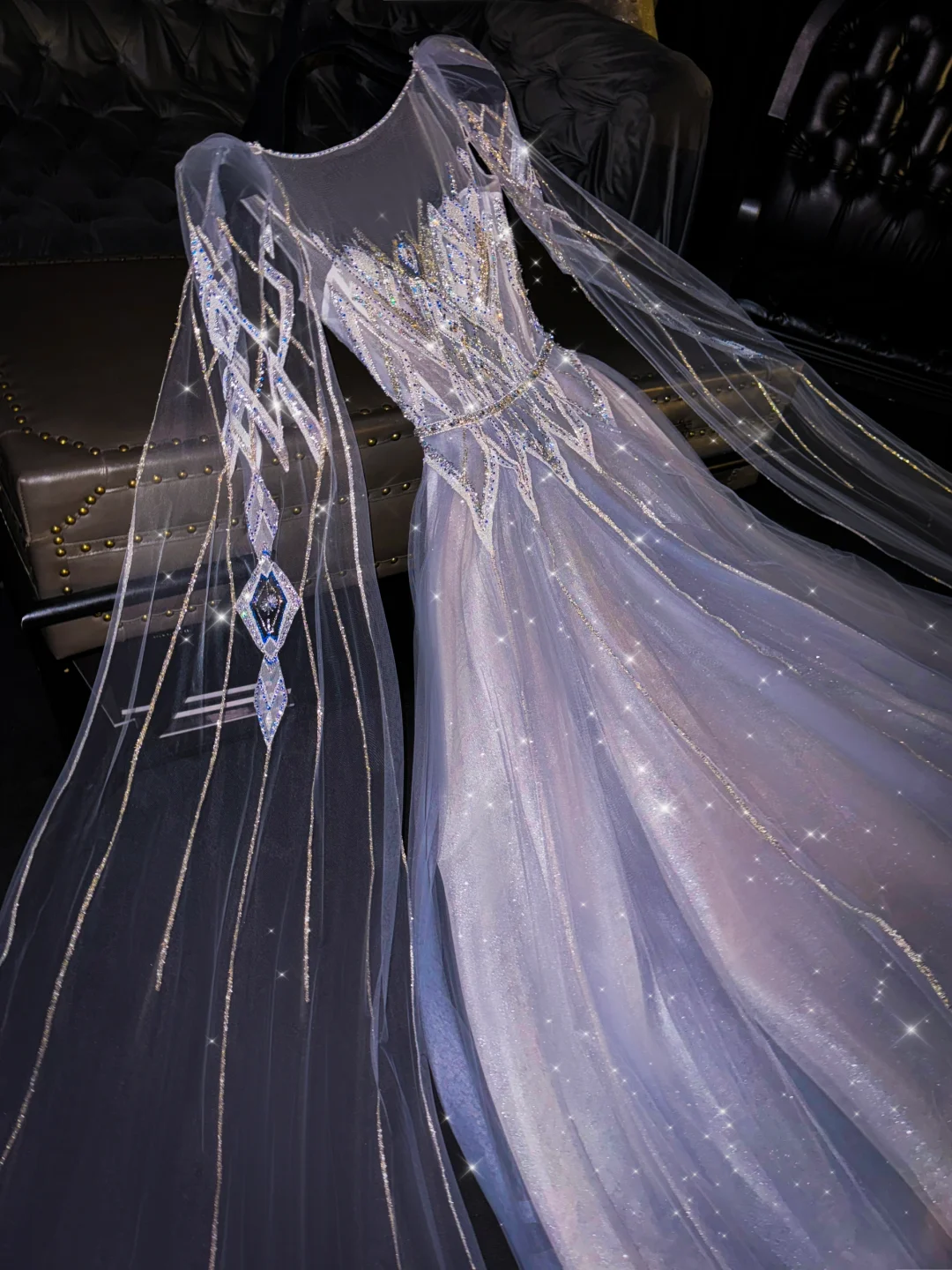 Elegant Lilac A-Line Tulle Beading Long Prom Dress Evening Dress with Cape Sleeves, DP5311