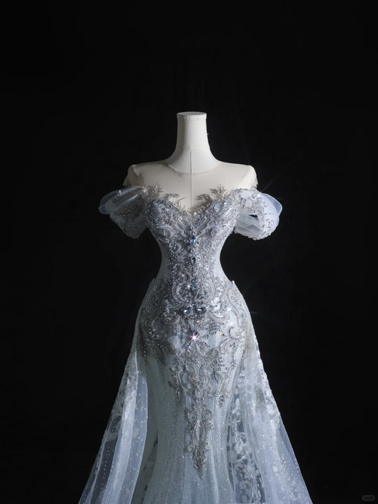 White Off Shoulder Mermaid Beaded Long Evening Party Dress Wedding Dress, DP5319