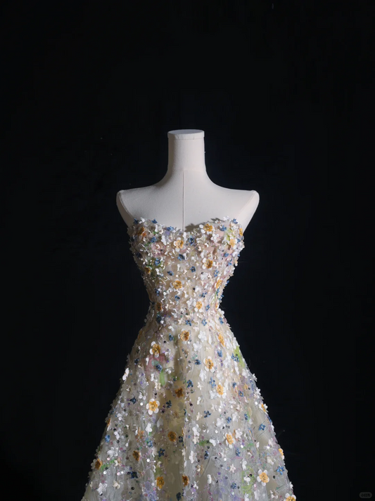 Pretty Strapless A-Line Floral Long Formal Prom Dress Evening Gown, DP5320