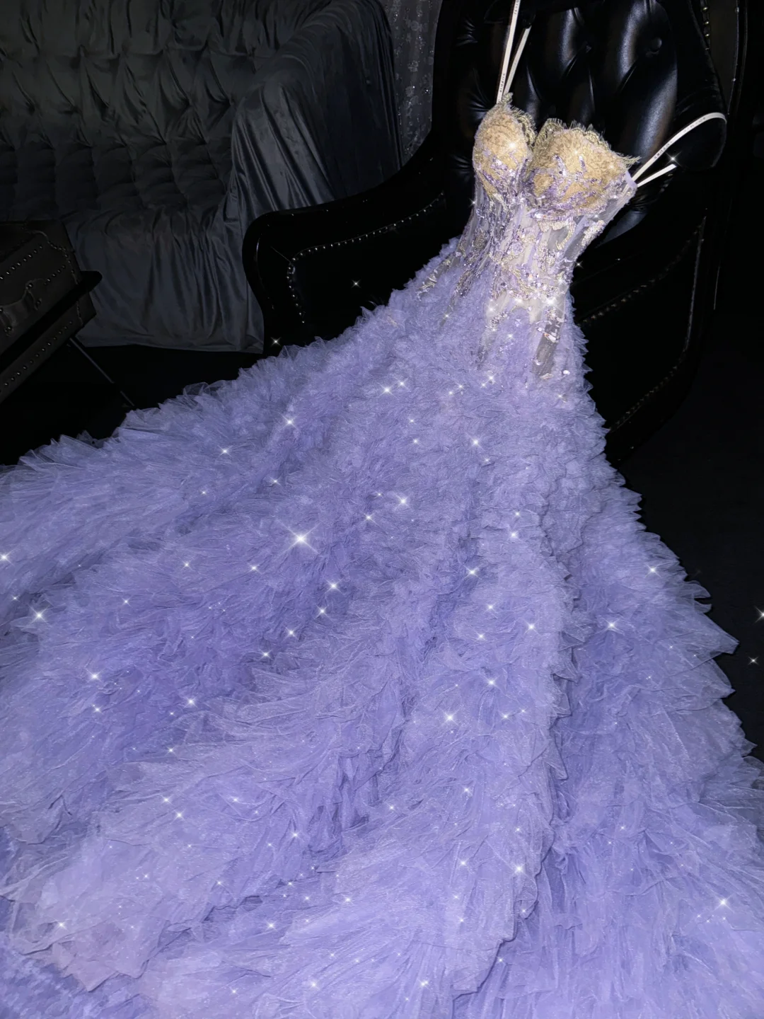 Lavendel Herzausschnitt A-Linie Tüll Perlenbesetzt Langes Abendkleid Geburtstagsballkleid, DP5313