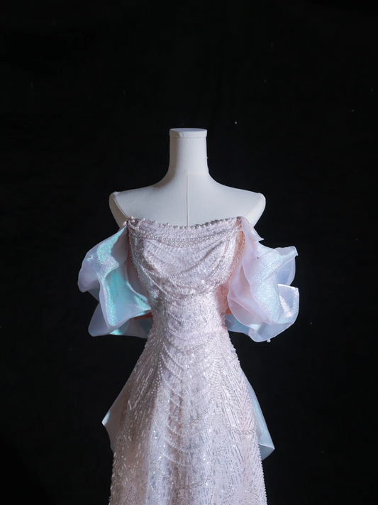 Pink Off Shoulder A-Line Beaded Sequins Long Formal Prom Dress Evening Gown, DP5321