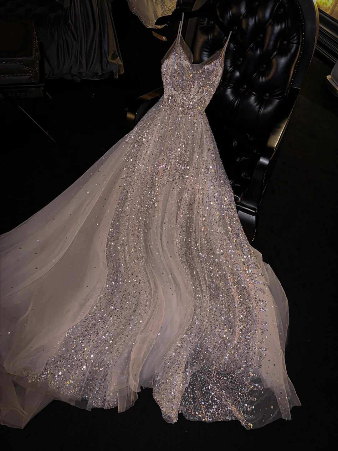 Pink Straps A-Line Tulle Sequins Long Prom Dress Formal Evening Dress, DP5314