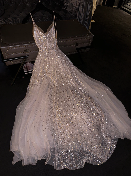 Pink Straps A-Line Tulle Sequins Long Prom Dress Formal Evening Dress, DP5314