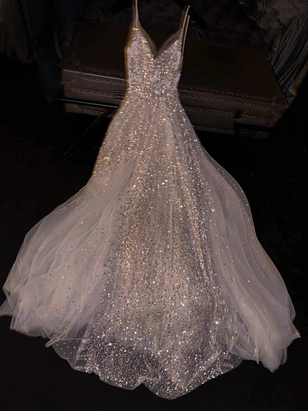 Pink Straps A-Line Tulle Sequins Long Prom Dress Formal Evening Dress, DP5314