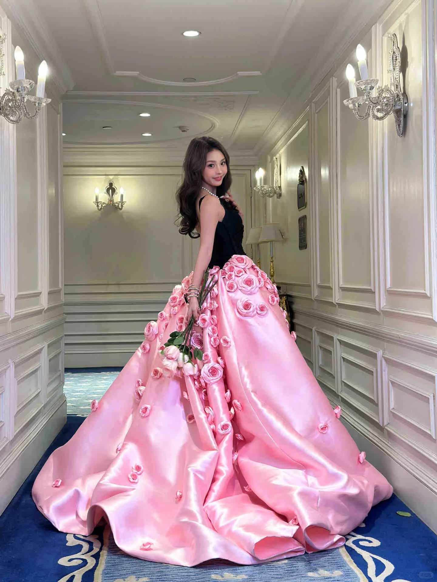 Gorgeous Black Pink Handmade Flowers Sheath Long Party Dress Evening Gown, DP5315