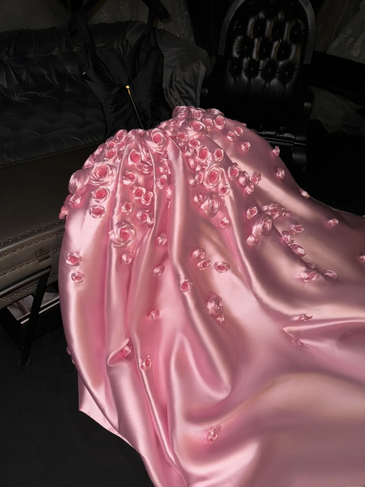 Gorgeous Black Pink Handmade Flowers Sheath Long Party Dress Evening Gown, DP5315