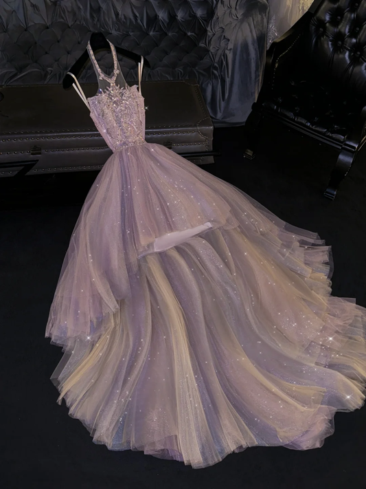 Glänzendes lila Neckholder-A-Linien-Kleid mit Perlenbesatz, langes Abendkleid, Partykleid, Geburtstagsballkleid, DP5335