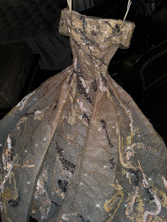 Gorgeous Off Shoulder A-Line Beaded Long Evening Party Dress Birthday Gown, DP5336