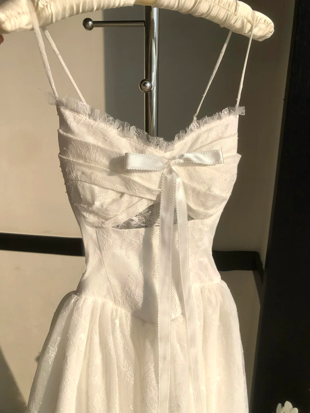 Lovely Spaghetti Straps White A-Line Lace Long Party Dress Birthday Outfits, DP5339