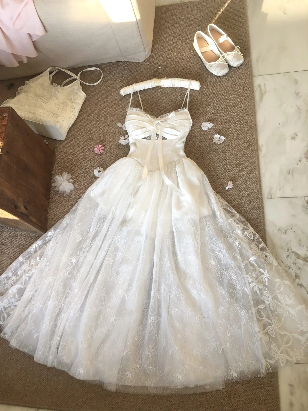 Lovely Spaghetti Straps White A-Line Lace Long Party Dress Birthday Outfits, DP5339