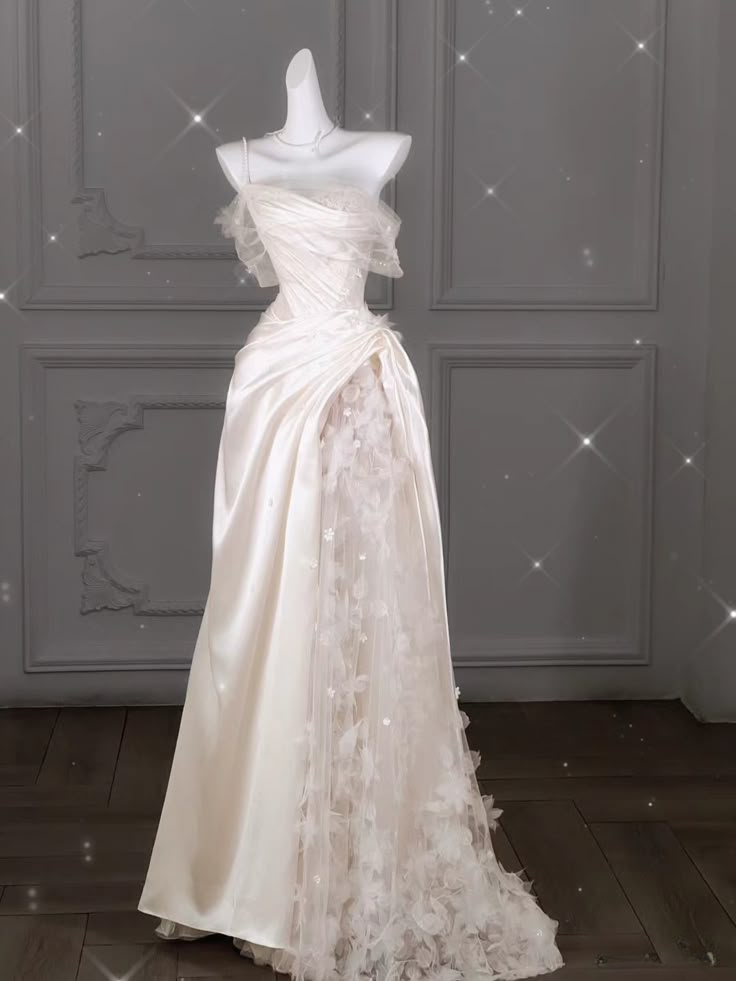 Elegant Ivory Off Shoulder A-Line Satin Lace Wedding Dress Birthday Party Dress, DP5341