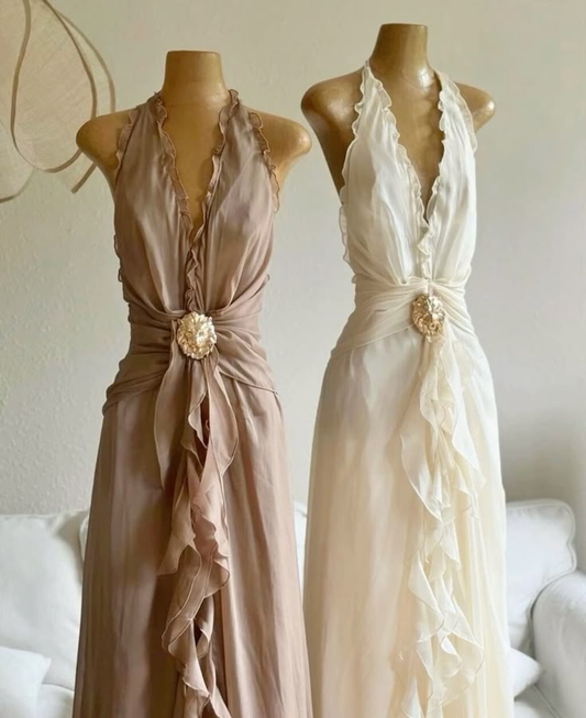 Elegant Ivory Halter Neck Sheath Chiffon Party Dress Wedding Guest Dress, DP5344