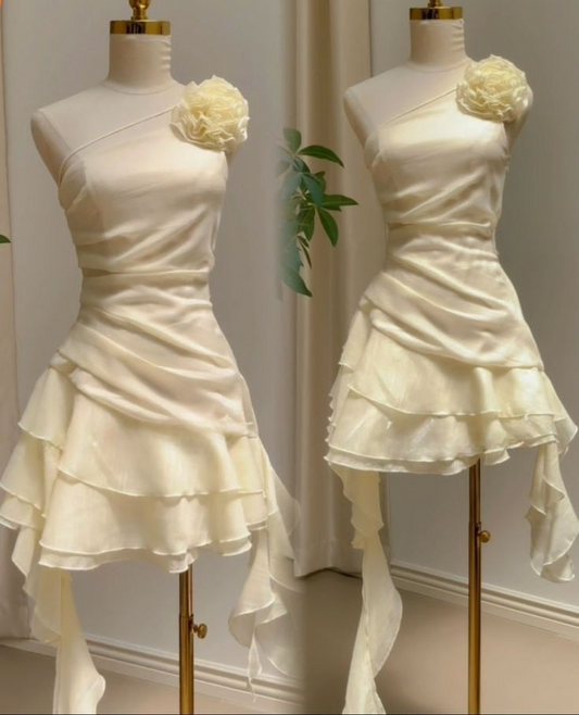 Elegant Ivory One Shoulder A-Line Ruffles Short Party Dress Homecoming Dress, DP5347
